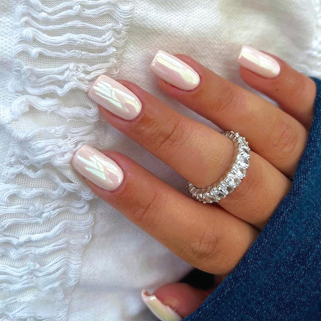 Press on Nails Medium Square Chrome Acrylic Glossy Glue on Artificial Squoval Aurora Pearl Flash Stick on False Nails with Design 24 Pcs